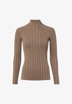 Maglietta marrone a coste con maniche lunghe e collo alto, caratterizzata da un design aderente e tessuto strutturato. Strisce verticali visibili su tutta la superficie.