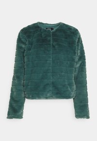 Giacca in pelliccia sintetica teal con design trapuntato, collo rotondo e maniche lunghe. Finitura morbida con taglio corto e senza chiusure visibili.