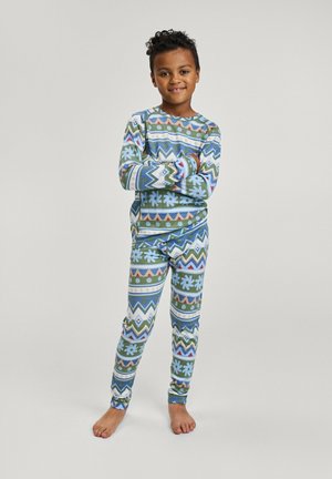 Set di pigiama per bambini con maniche lunghe e pantaloni. Realizzato in morbido tessuto, presenta un motivo geometrico verde, blu e bianco con fiocchi di neve.