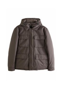 Braune gepolsterte Jacke mit Kapuze, ausgestattet mit zwei großen Brusttaschen, zwei Seitentaschen und einem Reißverschluss vorne. Glatte Textur und strapazierfähiges Material.