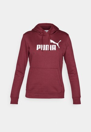 Sweatshirt à capuche bordeaux avec un grand logo "PUMA" blanc et une silhouette de chat blanc ; possède une poche avant et des poignets côtelés.