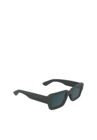 Dark gray, rectangular sunglasses with thick frames and subtle textured design on the arms, shown against a white background.