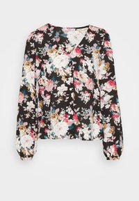 Svart blommig blus med långa ärmar, med v-ringning, knäppning fram och flerfärgade blommönster i rosa och vitt.