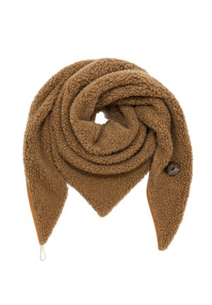 Brown fleece scarf, triangular shape, soft texture, twisted design, featuring a button detail and a loop for fastening.