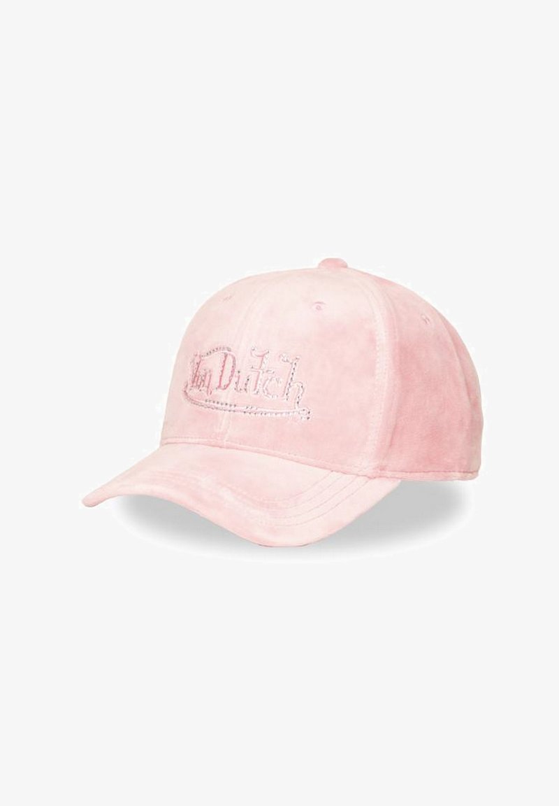 Casquette de baseball rose en matière douce avec une visière courbée. Présente un logo brodé "Dutch" de couleur contrastante sur le devant.