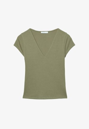 Top verde oliva a maniche corte da donna con scollo a V profondo e taglio aderente, mostrato su sfondo bianco.