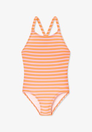 Oranje en roze gestreept badpak met een halternek en smalle bandjes, gemaakt van lichtgewicht, rekbaar materiaal. Soepele textuur.