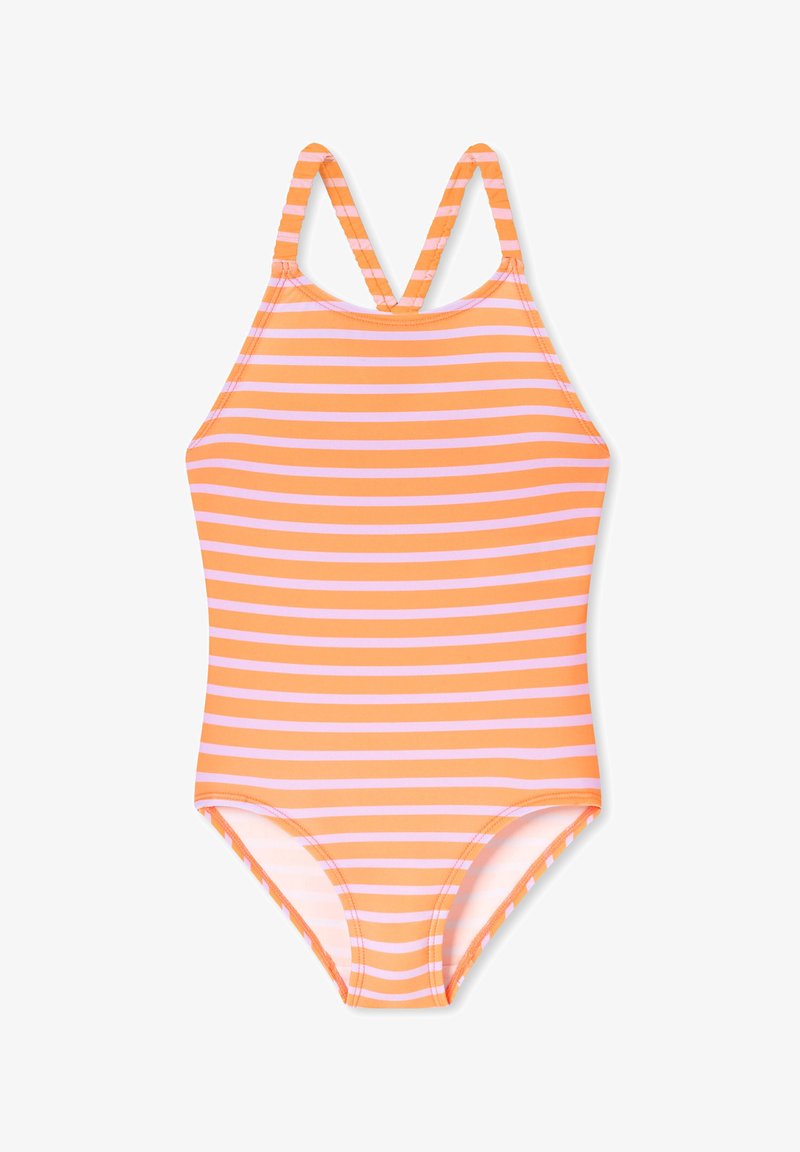 Oranje en roze gestreept badpak met een halternek en smalle bandjes, gemaakt van lichtgewicht, rekbaar materiaal. Soepele textuur.