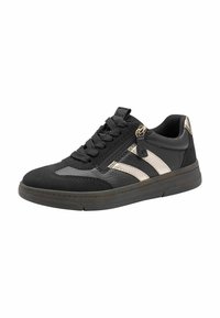 Black sneaker with gold accents, textured upper, and flat sole. Features include laces and a side zipper for easy access.