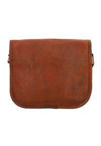 Hnědá kožená messenger taška s hladkým povrchem, zaoblenými okraji a viditelným šitím podél švů. Obsahuje jednoduché zavírání na klopě.