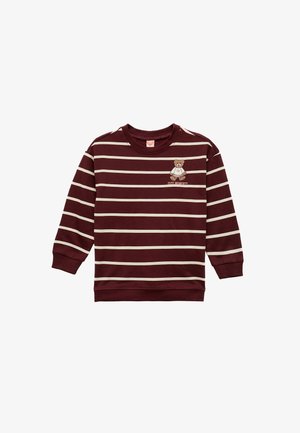Bordeaux gestreepte sweatshirt met witte lijnen, ronde hals, en geborduurd teddybeerontwerp op de linkerkant van de borst. Zacht stof, lange mouwen.