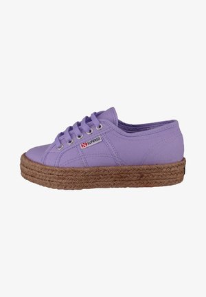 Lavender canvas sneaker with round toe, lace-up design, silver eyelets, and a jute-wrapped sole, featuring a small red and white logo tag.