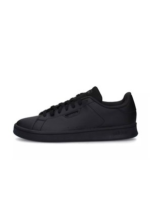 Black low-top Adidas sneaker with laces and cushioned collar, side logo, and rubber sole on a white background.