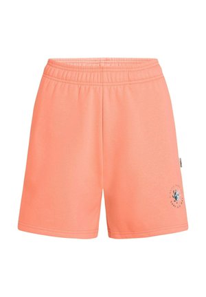 Persikanväriset shortsit, valmistettu pehmeästä kankaasta, joissa on joustava vyötärö, graafinen kuvio vasemman jalan alaosassa ja suora lahkeensuu.