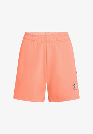 Persikanväriset shortsit, valmistettu pehmeästä kankaasta, joissa on joustava vyötärö, graafinen kuvio vasemman jalan alaosassa ja suora lahkeensuu.