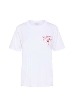 T-shirt en coton blanc avec des manches courtes, un col rond et un imprimé graphique rose représentant un verre de cocktail avec "Sunshine and Cocktail."