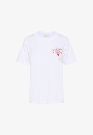 Witte katoenen t-shirt met korte mouwen, een ronde halslijn en een roze grafische print van een cocktailglas met "Zonlicht en Cocktail."