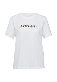 T-shirt en coton blanc avec des manches courtes et le mot "Amour" imprimé dans un style léopard sur le devant.