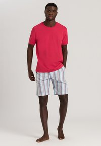 T-shirt rossa a maniche corte abbinata a pantaloni corti a righe blu chiaro, con strisce verticali multicolori. Vestibilità comoda, design casual.