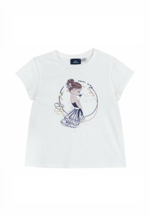 Maglietta bianca per bambini con illustrazione di una bambina in abito che tiene un fiore, circondata da un disegno circolare decorativo e testo in corsivo.