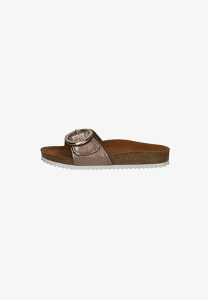 Slide sandal featuring a metallic rose-gold strap with a circular buckle, cork sole, and white textured rubber outsole.