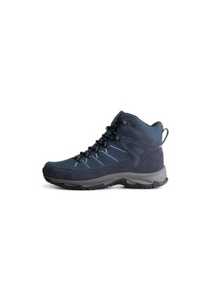 Mid-cut hiking boots in dark blue and gray, featuring a textured upper, reinforced eyelets, and a rugged, traction-focused sole.