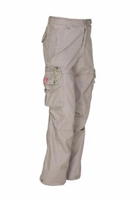 Beige Cargo-Hosen aus robustem Material. Verfügt über mehrere Taschen, Reißverschlussverschlüsse und verstärkte Nähte. Lockere Passform.