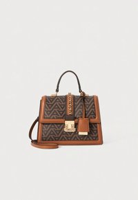 Brown patterned handbag with a structured shape. Features a top handle, detachable shoulder strap, gold chain accent, and a lock detail.