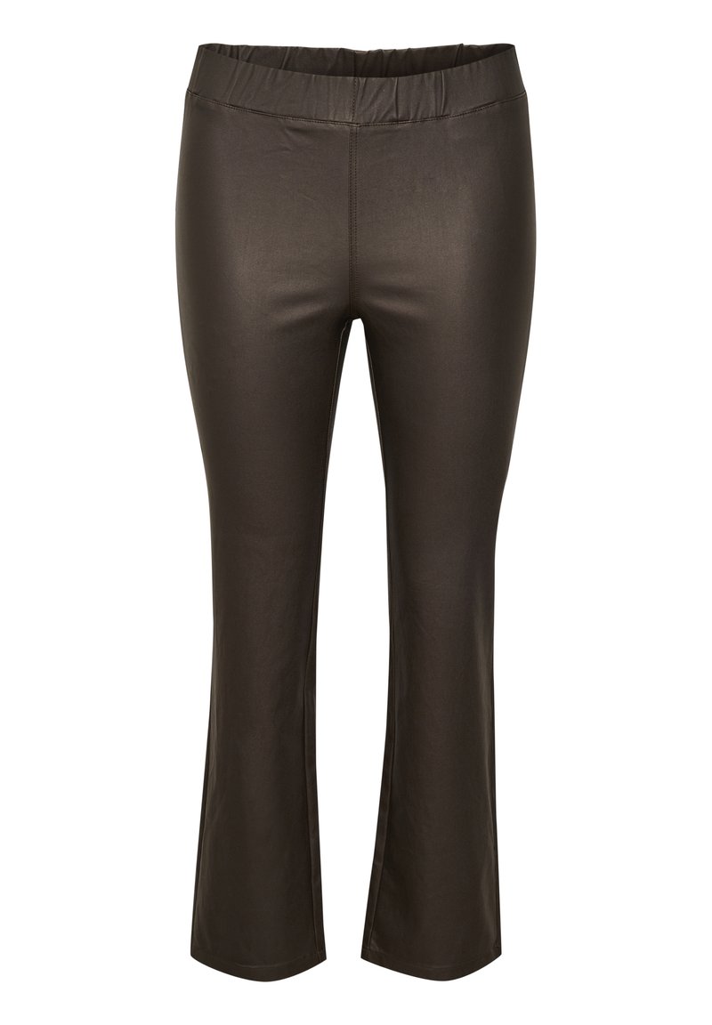 Pantalones marrones, elásticos, con una textura suave, que presentan una amplia cinturilla de goma y un diseño de pierna acampanada. Sin patrones ni acentos visibles.