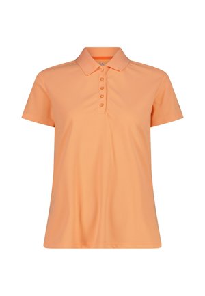 Polo à manches courtes couleur pêche-orange avec cinq boutons et col classique, présenté sur fond blanc uni.