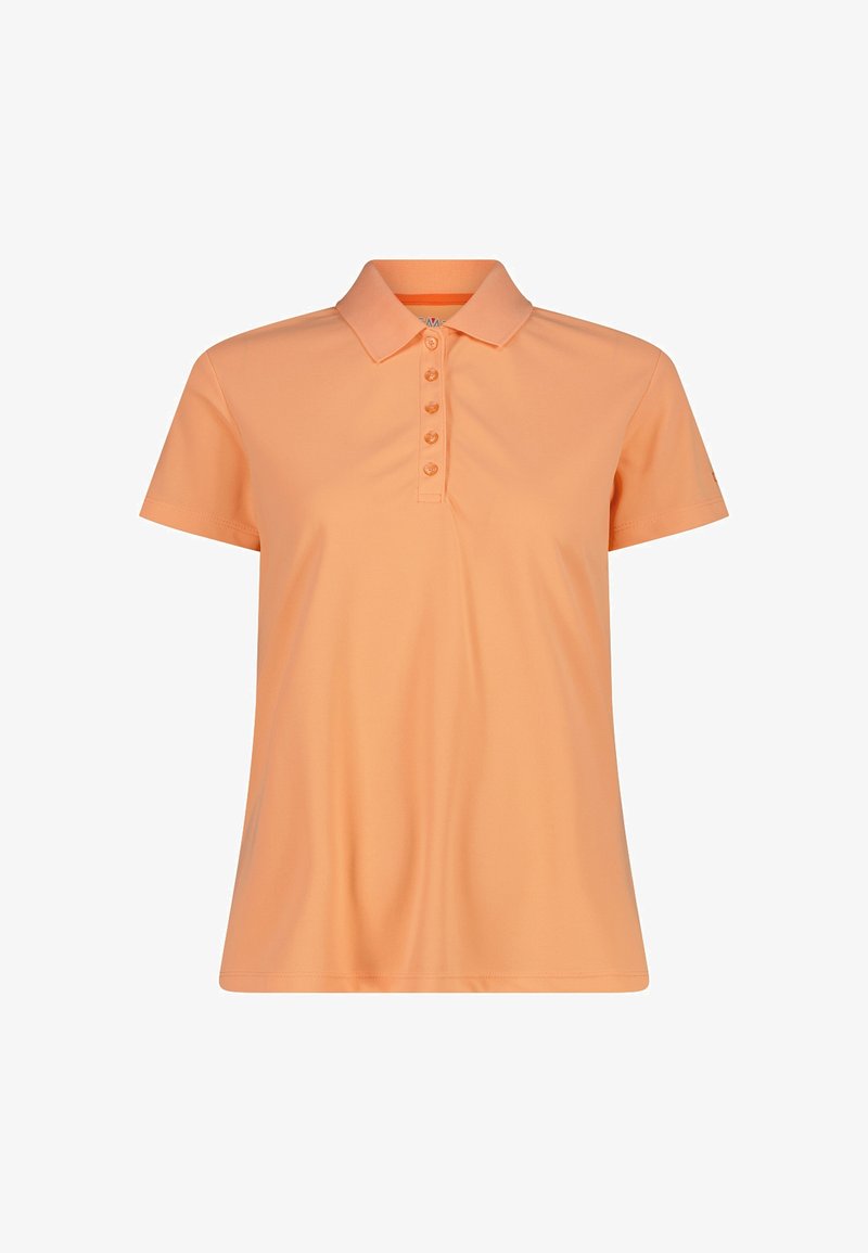 Polo de manga corta en color melocotón-naranja con cinco botones y un cuello clásico, mostrado sobre un fondo blanco liso.