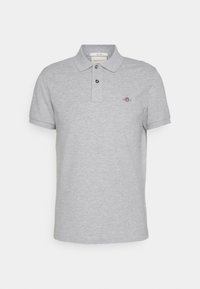 Light gray short-sleeve polo shirt with two dark buttons and small embroidered GANT logo on the left chest.