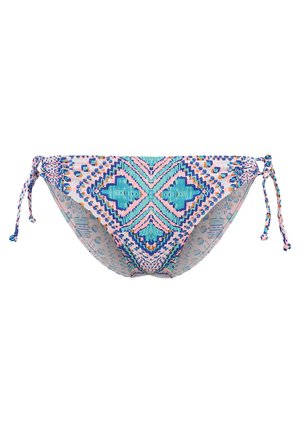Buntes Bikini-Höschen mit geometrischem Muster in Blau-, Pink- und Orangetönen sowie verstellbaren Seitenschnüren. Leichter Stoff.
