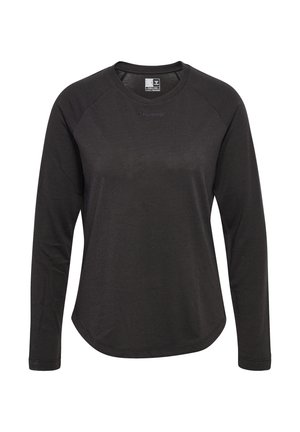 Schwarzes sportliches Langarmshirt mit Rundhalsausschnitt, abgerundetem Saum, dezentem Logo auf der Brust und einem inneren Etikett am Halsausschnitt.