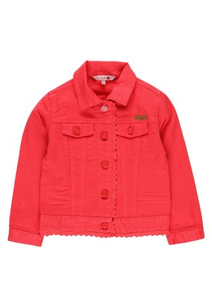 Red denim jacket for kids with button front, two chest pockets with buttons, scalloped trim along button line and hem, and long sleeves.