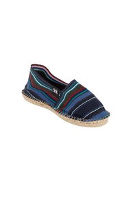 Chaussure espadrille avec dessus en textile bleu marine à rayures multicolores, bout arrondi et semelle en corde de jute.