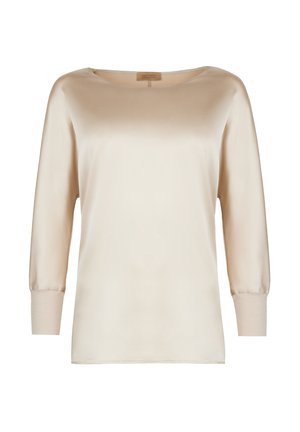 Kremowa satynowa bluzka z okrągłym dekoltem, rękawami do połowy przedramienia i miękką teksturą. Posiada dopasowane mankiety oraz gładki, minimalistyczny design.