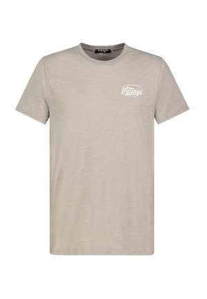 Light beige cotton t-shirt with a crew neck, short sleeves, and a vintage logo design in white on the chest. Smooth texture.