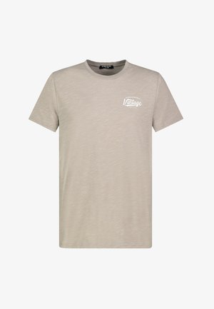 Light beige cotton t-shirt with a crew neck, short sleeves, and a vintage logo design in white on the chest. Smooth texture.