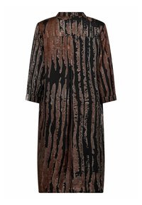 Lange, loszittende blouse in het zwart met bruine verticale strepen, met een kraag, lange mouwen en een soepele, lichte textuur.