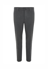 Slim-fit mörkgrå dressbyxor med bältesömmar, en framknapp och veckdetaljer på en vit bakgrund.