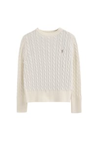 Ljusbeige kabelstickad tröja med rund halsringning, ribbade ärmslut och nederkant, med en liten broderad logotyp på bröstet.