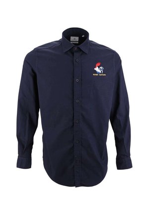 Mørkeblå langærmet skjorte i bomuld med krave, der har et broderet hønse-logo og teksten "Rugby Nation" i gul.