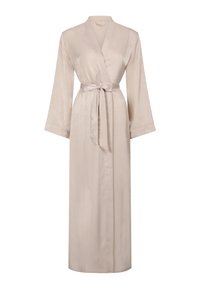 Beige satiinin pitkät hihansut ja vyöllinen vyötärö, mid-calf pituus. Sujuva tekstuuri ja minimalistinen muotoilu.