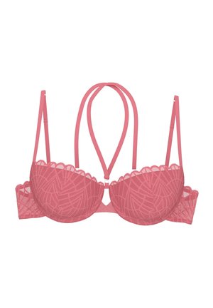 Różowy koronkowy biustonosz z geometrycznym wzorem, fiszbinami dla wsparcia i podwójnymi ramiączkami łączącymi się z tyłu w skomplikowany wzór.