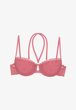 Różowy koronkowy biustonosz z geometrycznym wzorem, fiszbinami dla wsparcia i podwójnymi ramiączkami łączącymi się z tyłu w skomplikowany wzór.