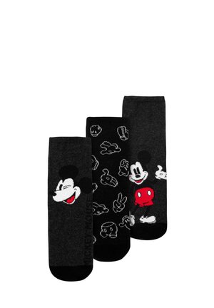Cotton sock set featuring three black socks with Mickey Mouse designs, including graphics of his face and hands, with red accents on one.