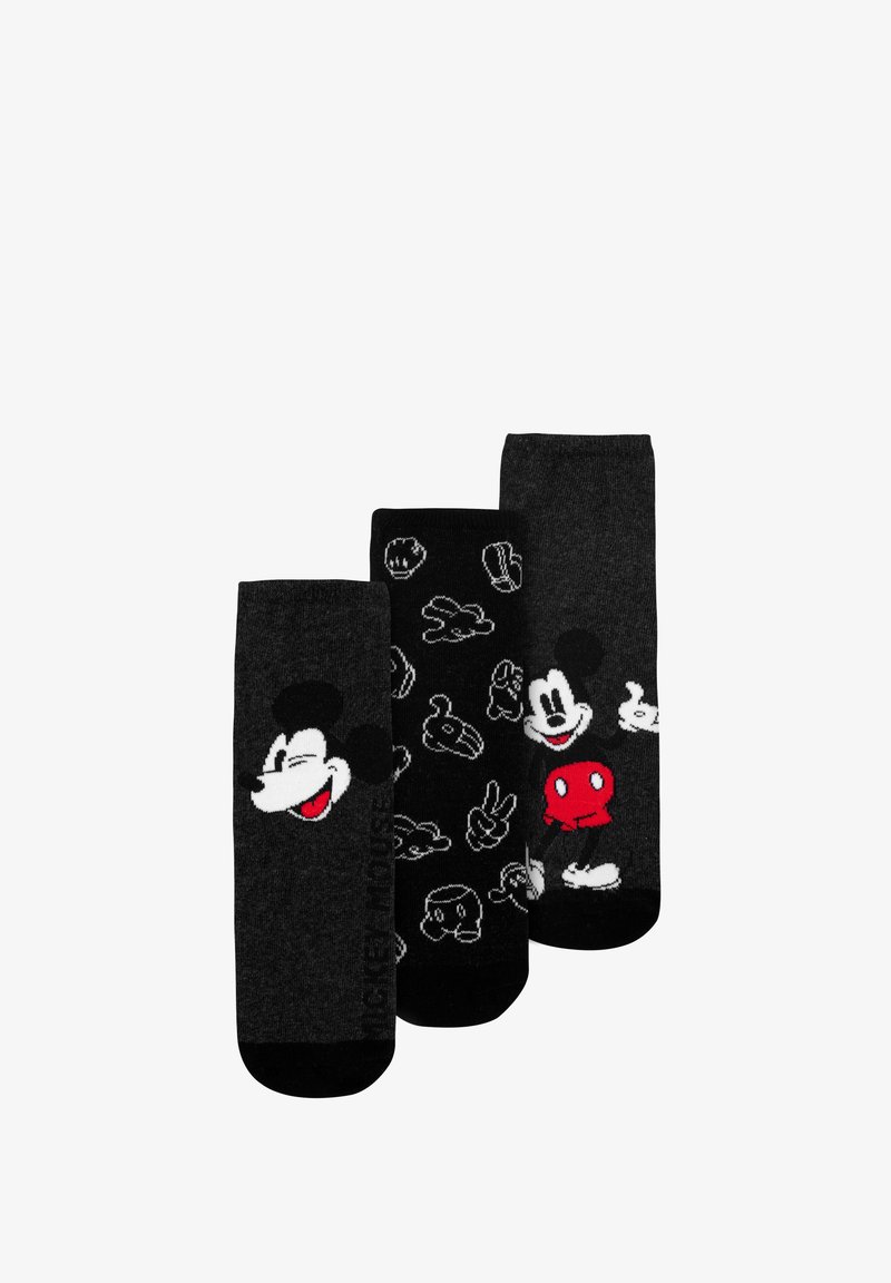 Set di calzini in cotone composto da tre calzini neri con design di Topolino, inclusi grafica del suo viso e delle sue mani, con accenti rossi su uno di essi.