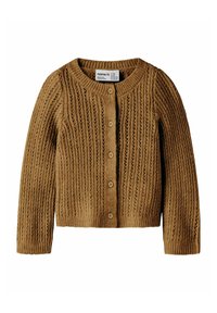 Vaaleanruskea neulottu neuletakki, jossa on pyöreä kaula-aukko, teksturoitu kuvio, pitkät hihat ja viisi puista nappia edessä.