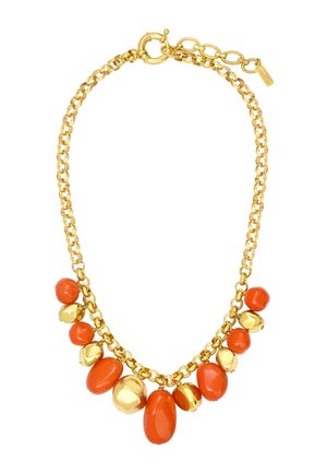 Collier chaîne en or avec des perles ovales lisses orange et or brillantes alternées suspendues le long de la moitié inférieure.